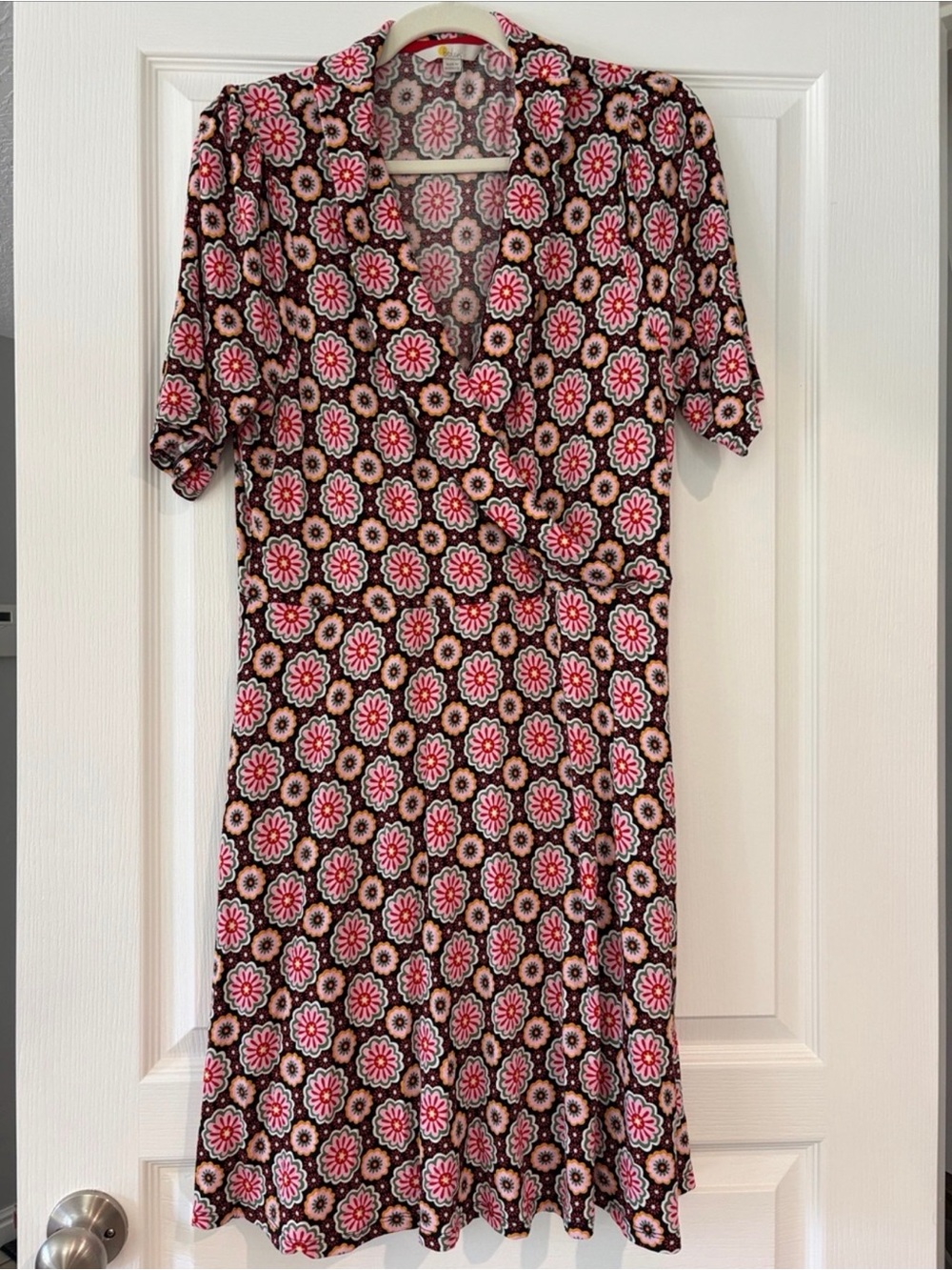Boden Pink and Black Floral Wrap-Style Midi Dress
